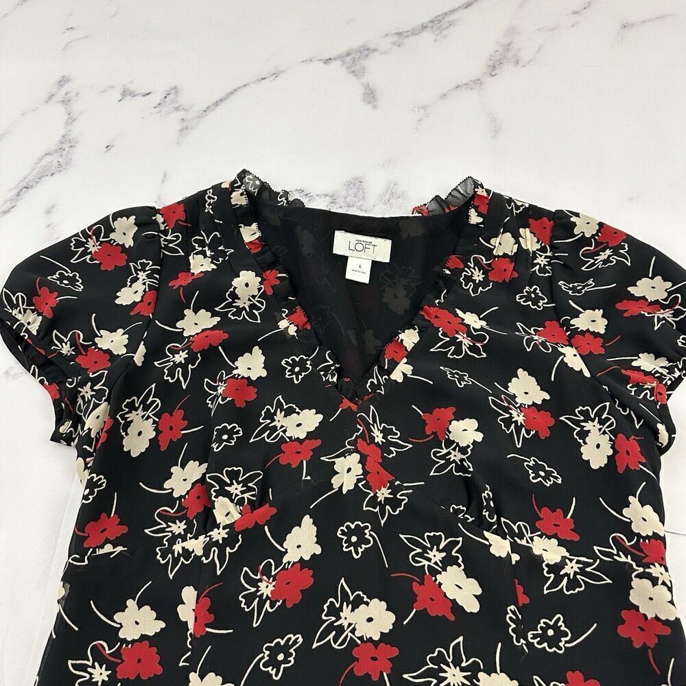Loft Womens Vintage Y2k Slip Dress Size 6 Black Red Floral Ruffle Trim Flutter - Picture 2 of 10